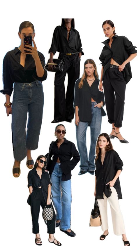 How to wear an oversized black button up Outfit With Black Button Up Shirt, Oversize Black Button Up Shirt Outfit, Black Oversized Button Up, How To Wear A Black Button Up Shirt, Long Sleeve Black Button Up Shirt Outfit, Black Oversize Shirt Outfit, Black Button Up And Jeans, Black Boyfriend Shirt Outfit, How To Style Black Button Up