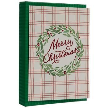 Envelope Size: 5.19" x 7.25" Coordinating Card Size: 7" x 5" Material: Cardstock & Paper Color: Red, White & Green Pattern: Plaid Closure Type: Gummed Seal Quantity: 15 Cards & 15 Envelopes Send thoughtful well wishes to loved ones all over the world with these Merry Christmas Wreath Christmas Cards. These festive cards feature a red plaid pattern against a white background with a green holly wreath in the middle. This wreath is embellished with metallic red berries and the phrase "Merry Christm Wreath Christmas Cards, Plaid Christmas Card, Merry Christmas Wreath, Holly Wreath, Well Wishes, Paper Color, Wreath Christmas, Green Pattern, Plaid Christmas