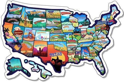 Decorate Your Home, RV, Fifth Wheel, Or Trailer: Add color to a dull wall in your living room, office, store, or brighten your RV door, motorhome, or camper window. Elevate your decorations with this vibrant map of the United States. ✅ Keep Track Of Your Geographic Conquests: Every time you visit a US State, peel the relevant US sticker and stick it on the USA America map. You will soon have a complete visited States map displaying your cool road adventures. Usa States Map, Us Travel Map, State Stickers, Travel Trailer Decor, Rv Decals, Usa Travel Map, Us State Map, Road Trip Map, Trailer Decor