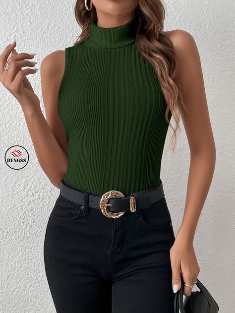 DENGSS  Solid Turtleneck Ribbed Knit Tank Top Dark Green Top, Ribbed Knit Tank Top, Polished Casual, Hotel Cafe, Tank Top Outfits, Clothing Pieces, Green Tank Top, Knit Tank Top, Women Tank Tops