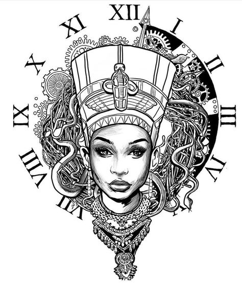 African Art Tattoo, Tattoos Egyptian, Egyptian Queen Tattoos, African Queen Tattoo, Egypt Tattoo Design, Nefertiti Tattoo, Queen Tattoos, Harley Tattoos, Africa Tattoos