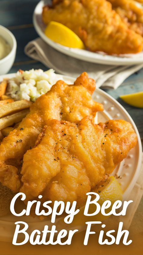 Crispy Beer Batter Fish - Appetizers & Entrees Beef Battered Fish, Beer Battered Walleye Recipes, Gf Beer Batter Fish, Crispy Beer Batter Fish, Easy Beer Battered Fish, Beer Battered Catfish, Fish Chips Recipes Beer Batter, Beer Batter Cod Recipes, Beer Batter Recipe For Fish