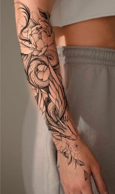 Thigh Design Tattoo, Sleeve Design Tattoos For Women, Women Tattoos Dragon, Sleeve Tattoos For Women Dragon, Elegant Tattoo Sleeve, Forearm Dragon Tattoo For Women, Dragon Tattoo Sleeve Women, Sleeves Tattoos Women, Dragon Forearm Tattoo Women