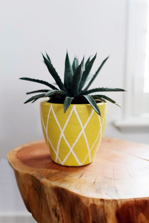 60 Pottery Painting Ideas to Try This Year Yellow Plant Pot, Succulent Pots Diy, Easy Pottery, Magazine Diy, Pineapple Plant, Diy Pineapple, Pot Diy, Pineapple Planting, Painted Pot