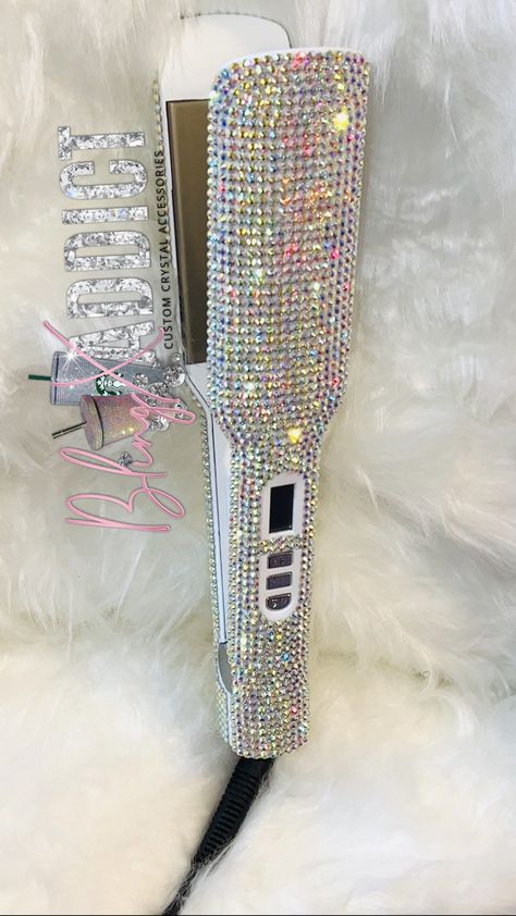 "Our crystal bling ceramic titanium flat irons are dazzled with over 500 glass Australian crystals! Flat irons heat up to 480 degrees Fahrenheit and include a LED screen with automatic shut off after 60s of non use. You can choose from 1\" or 2\" plates. Each flatiron is custom made with each rhinestone being hand placed one by one. We ask that you please allow 1-2 weeks to ship your order out." Bling Hair Straightener, Bedazzled Things, Diy Rhinestone Crafts, Titanium Flat Iron, Bling Ideas, Rhinestone Projects, Rhinestone Crafts, Flat Irons, Hair Supplies