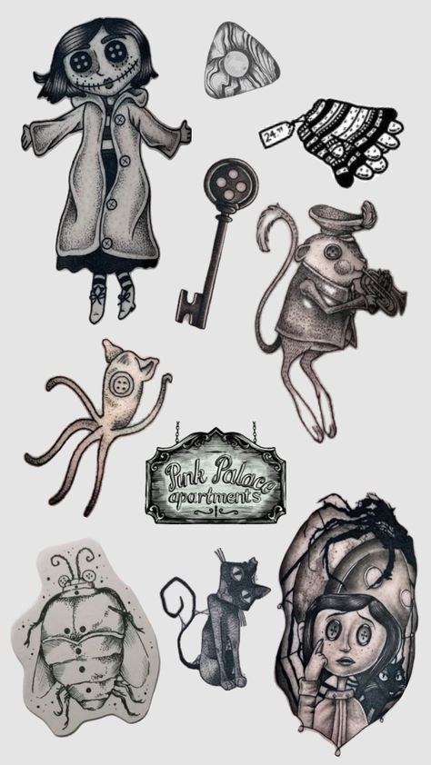 coraline tattoo sheet #coraline #tattoo #tattoos #tattooinspo #coralinemovie Tattoo Perna, Coraline Tattoo, Tim Burton Tattoo, Tattoo Sleeve Filler, Adventure Time Tattoo, Laika Studios, Tattoo Sheet, Sharpie Tattoos, Half Sleeve Tattoos For Guys