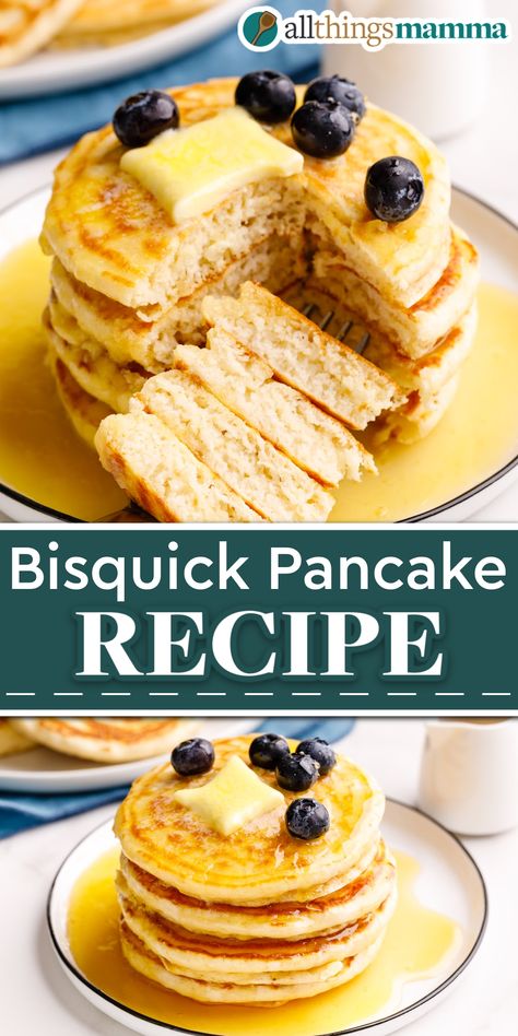 Classic Bisquick Pancakes collage image. Bisquick Pancakes Fluffy, Bisquick Blueberry Pancakes, Pancakes Using Bisquick, Bisquick Pancake Recipe, Recipe For Buttermilk, Coconut Flour Pancakes Recipe, Bisquick Pancakes, Pancakes For Two, Nutella Pancakes