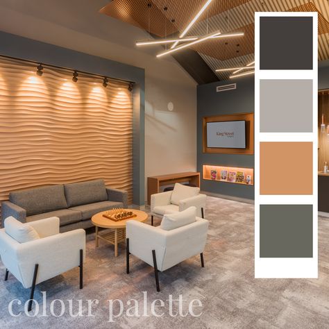 Soft, inviting grey-teal hue takes center stage, playing off a vibrant, sun-kissed sand tone on the featured wall art. Above, laser-cut copper sheets form a unique false ceiling, providing an anchor for pendant lights to dangle artfully.  #medicalpratice #architecture  #fitoutdesign #officedesign #fitout #praticedesign #interior #fitoutservices #officefitout #doctorsoffice  #decor #healthcarefitout #design #fitouts #medicalclinc #interiordesign #office #healthcaredesign #designinspiration Office Waiting Area Interior Design, Office False Ceiling Design, Waiting Room Design Reception Areas, Medspa Decor, Cream Colour Palette, Clinic Reception, Featured Wall, Waiting Room Design, Eye Clinic