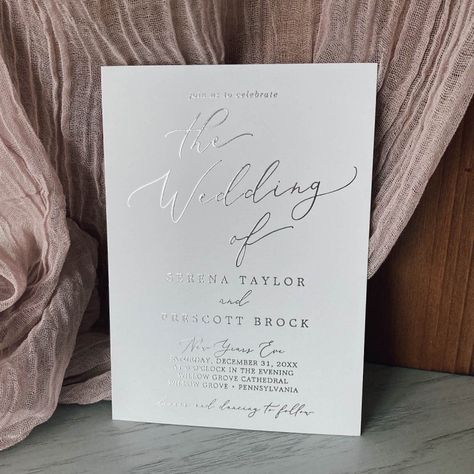 Elegant Wedding Template Wedding Invitations Silver Foil, Silver Foil Wedding Invitations, White And Silver Wedding Invitations, New Years Wedding Invitations, Simple Wedding Invitations Elegant, Wedding Invitations Silver, Summer Calligraphy, Silver Wedding Invitation, Zazzle Wedding Invitations