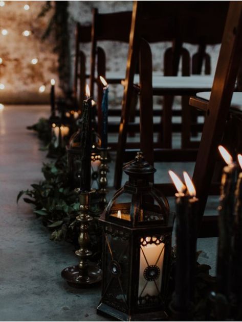 Gothic Forrest Weddings, Dark Wedding Aisle, Moody Wedding Dress White, Wedding Isles Decoration Moody, Goth Wedding Aisle Decor, Goth Wedding Aisle, Dark Outdoor Wedding Aesthetic, Dark And Moody Wedding Ideas, Moody Speakeasy Wedding