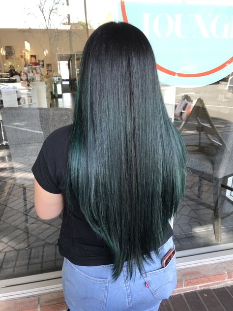 Dark Green Hair With Black Roots, Dark Dark Green Hair, Very Dark Green Hair, Black Hair With Green Undertones, Dark Green Black Hair, Black And Dark Green Hair, Black Green Hair, Dark Green Hair Dye, Green Black Hair