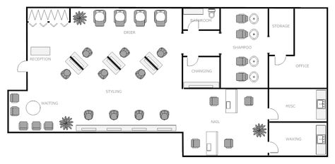 I think this design is interesting. I like the way the tables are set up. Although, since this is going to be a nail salon, the hair dryers could be the nail drying station, the chairs in the middle could be for manicures and the room in the back where the shampooing is could be where the pedicures take place. Salon Floor Plan, Salon Layout, Botanical Interior, Dream Salon, Hairdresser Salon, Hair Salon Design, Hair Salon Interior, Hair And Nail Salon, Nail Salon Design