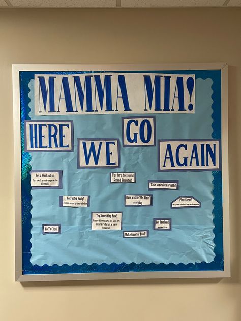 College Bulletin Board Ideas Resident Assistant, Wellness Ra Bulletin Boards, Conflict Resolution Bulletin Board, Ra Door Sign, Mamma Mia Bulletin Board, Second Semester Bulletin Boards, Ra Hall Ideas, Ra Welcome Board, Ra Welcome Back Bulletin Boards