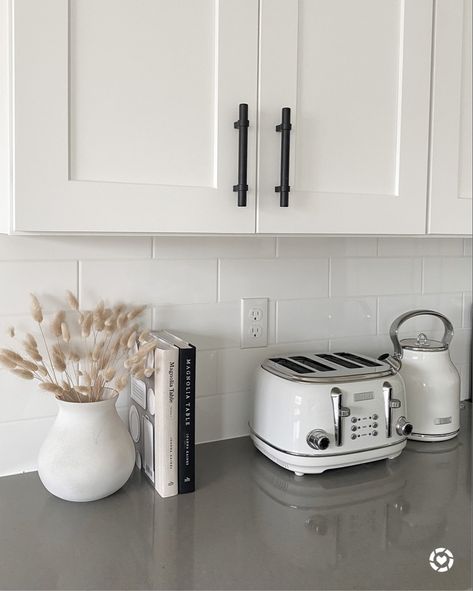 White Aesthetic Kitchen Ideas, White Kitchen Kettle And Toaster, Kitchen Kettle Ideas, Smeg Tea Kettle In Kitchen, Apartment Kitchen White Appliances, White Smeg Toaster, Swan Kettle And Toaster, Kettles And Toasters, White Toaster And Kettle