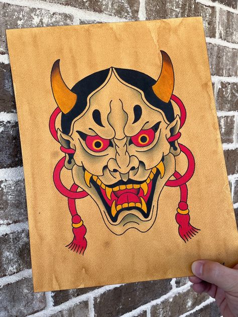 Traditional Hannya Tattoo Flash Print  🏯Dreaming of meaningful Japanese tattoos?🐲Your dream is our canvas! Click the link above and let's make your vision a reality!🌸#JapaneseTattoo Traditional Hannya Tattoo, Meaningful Japanese Tattoos, Japanese Traditional Tattoo Flash, Hannya Maske Tattoo, Hanya Mask Tattoo, Japanese Reference, Hannya Maske, Japanese Hannya Mask, Japanese Snake