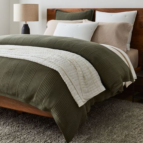 Green Bed Comforter Ideas, Bedroom With Olive Green Bedding, Green Bed Inspiration, Master Bedrooms Dark Bedding, Olive Green Bed Spread, Guest Bedroom Green Bedding, Master Bedrooms Decor Green Bedding, Olive Comforter Bedroom, Moss Green Bedding Ideas