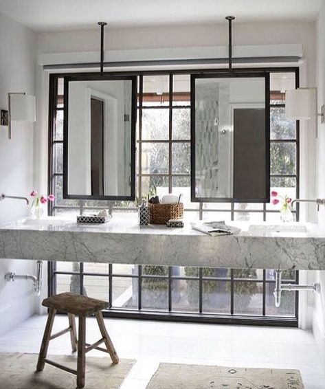 Bathroom ceiling mounted mirror in front of Windows - Christopher Architecture & -Interiors by Chris Reebals and Joanna Go… | Mirror ceiling, Bathroom rugs, Tan bathroom Bathroom Mirror Inspiration, Tan Bathroom, Black Mirror Frame, White Tile Floor, Revere Pewter, Bathroom Design Trends, Bathroom Windows, Floating Vanity, Window Mirror