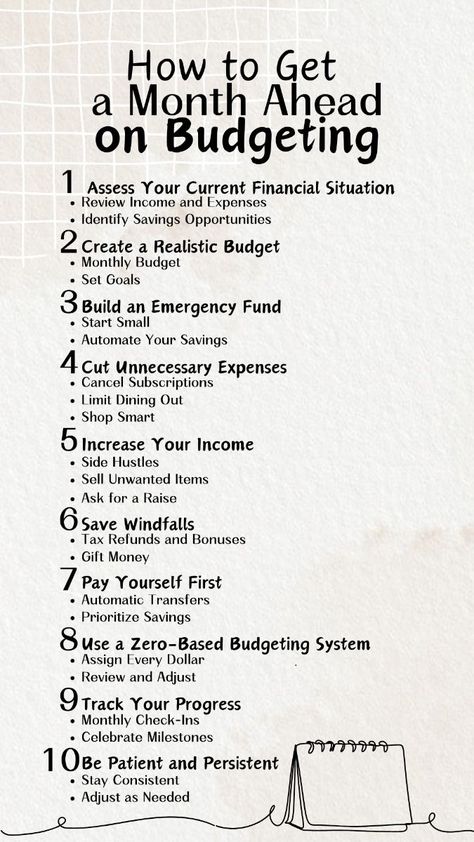 Getting a month ahead on budgeting requires discipline, planning, and consistency. You can build a financial buffer that provides peace of mind and financial stability with these simple steps! Pin these steps to get a month ahead on budgeting! Follow for more practical financial tips! #MyMoneyMindset #Money #Financial #HomeTrends #Art #the #Path #of #Inspiration #to #Motivation #Budgeting #Success #Guide #Your #Mastering #Inspo Money Inspiration, Finanse Osobiste, Money Saving Methods, Money Saving Techniques, Money Financial, Money Strategy, Saving Money Budget, Money Management Advice, Money Saving Plan