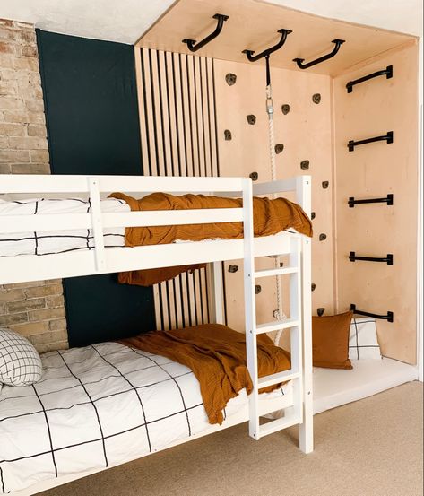 Monkey bars, rock climbing wall, climbing rope, bunk beds. Boys Room With Bunk Beds, Boys Room Bunk Beds, Shared Boys Room, Bunk Beds For Boys Room, Shared Boys Rooms, Bunk Bed Room, Bunk Beds Boys, Bunk Bed Rooms, Toddler Bunk Beds