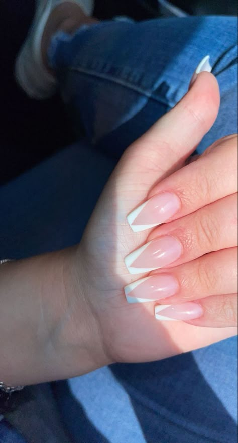 V Shaped Acrylic Nails, Graduation Nails Coffin Short, Angle French Nails, Square V French Tip Acrylic Nails, Chevron French Tip Nails Coffin, Almond Nails V French Tip, French Yup Nails, V Tip Short Nails, Angled Tip Nails