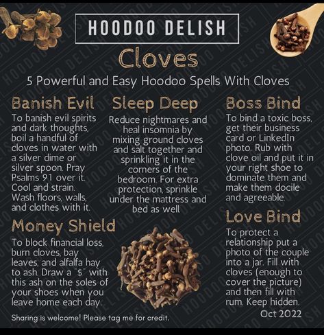 Cloves Benefits Witchcraft, Hoodoo For Beginners, Clove Uses Witchcraft, Cloves Spiritual Benefits, Hoodoo Psalms, Witch Learning, Ms Avi, Clove Benefits, Hoodoo Delish