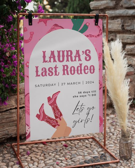 Customised Hen Party / Bridal Shower Welcome Sign - Last Rodeo Cowgirl Themed! A gorgeous personalised "Last Rodeo" Hen Party large welcome sign for your cowgirl-themed hen do or bachelorette party! Choose between A1 or A2 sizing on a sturdy 3mm foam board. The perfect way to welcome your guests to your Hen Party event, this personalised sign serves as the perfect backdrop for memorable photos, featuring the bride's name and event date, making it an unforgettable addition to your celebration! Pink Theme Hens Party, Hen Do Last Rodeo, Cowboy Hens Party, Last Rodeo Hen Do, Bachelorette Party Ideas On A Budget, Cowboy Hen Do, Hen Do Abroad, Last Rodeo Bridal Shower Ideas, Hen Do Theme Ideas