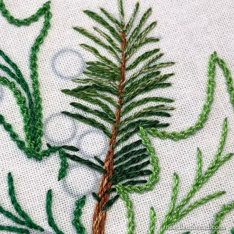 Holly & Evergreen: Details, Free Patterns, and More! – NeedlenThread.com Pine Embroidery Pattern, Pine Branch Embroidery, Pine Bough Embroidery, Holly Embroidery Easy, Holly Embroidery, Christmas Embroidery Patterns Free, Embroidery Pine Wreath, Evergreen Embroidery, Holly Leaf Embroidery