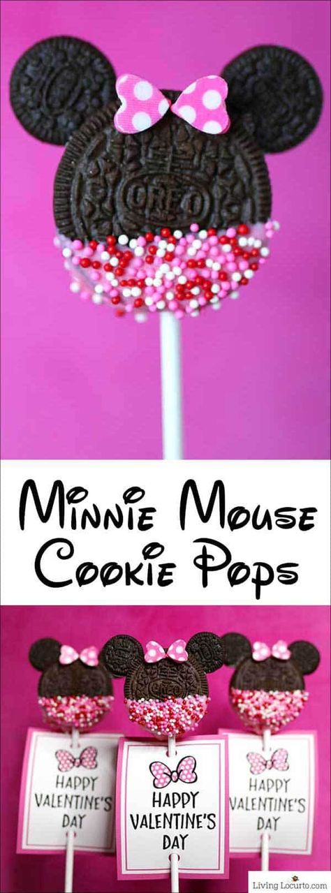 Minnie Mouse Cookie Pops are an easy Disney party dessert made with OREO cookies and free printable Valentine's Day tags. Cute Valentine cookie recipe. #disney #cookies Oreo Minnie Mouse Cookies, Mickey Mouse Oreo Pops, Minnie Mouse Oreo Pops, Minnie Mouse Snack Ideas, Minnie Mouse Oreos, Minnie Mouse Party Treats, Minnie Mouse Snacks, Minnie Mouse Treats Table, Minnie Mouse Treats