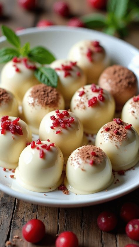 Cranberry White Chocolate Truffles Cranberry Balls, Cranberry Truffles, Orange Truffles, Cranberry Bites, Cranberry White Chocolate, Xmas Recipes, White Chocolate Truffles, Creamy Pudding, Dessert Platter