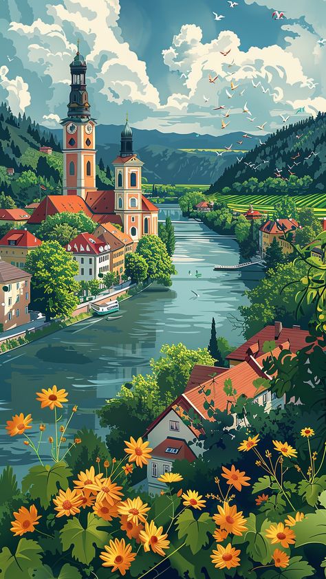 Flat vector illustration of a serene travel poster - 12 wallpapers from Urban section Photography Illustration Art, Scenery Illustration Landscapes, Flat Art Illustration, Urban Section, Border Illustration, View Illustration, Animated Wallpaper, Artwork Wallpaper, Illustration Wallpaper