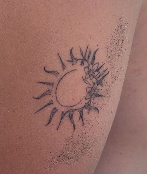 half sun and half flowers on an arm Sun Tattoos With Flowers, Summer Sun Forever Tattoo, Flowers And Sun Tattoo, Half Sun Half Flower Tattoo, Sun And Moon Flower Tattoo, Sun And Flowers Tattoo, Flower And Sun Tattoo, Sun Tattoo With Flowers, Flower Sun Tattoo