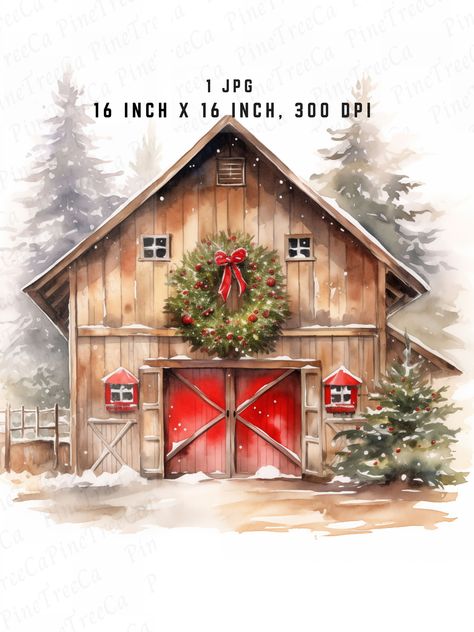 Watercolor Christmas Barn JPG Instant Download file for printing Commercial Use 16x16 inch 5mb Canadian Barn with Christmas Decoration Good for Junk Journal and digital planner, wall decoration These digital cliparts are perfect for any crafting project, whether it's for card making, mixed media, scrapbooking, or even creating your own digital paper craft. You can easily use them to create your own unique designs and decorations, adding a personalized touch to your Christmas gifts and home decor Ornament Shirt, Printer Crafts, Winter Stickers, Christmas Barn, Printable Frames, American Barn, Painting Christmas, Barn Painting, Christmas Farm