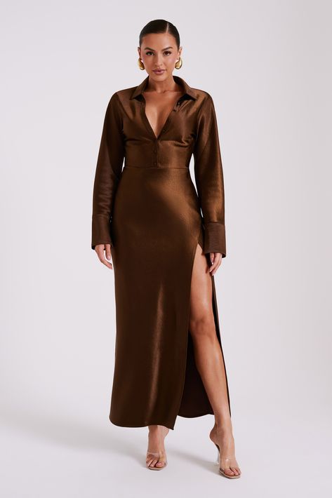 Brown Wedding Guest Dress, Brown Dresses Outfit, Chocolate Brown Dress, Wedding Guest Outfit Fall, Brown Maxi Dresses, Deep V Neck Dress, Hourglass Silhouette, Brown Wedding, Long Sleeve Maxi