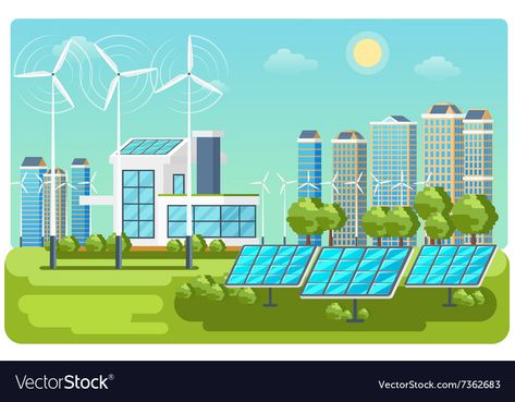 Green Energy Drink, Building Green, Vector Landscape, Landscape Vector, Renewable Energy Projects, Desain Ui, Eco City, City Vector, Solar Energy Panels