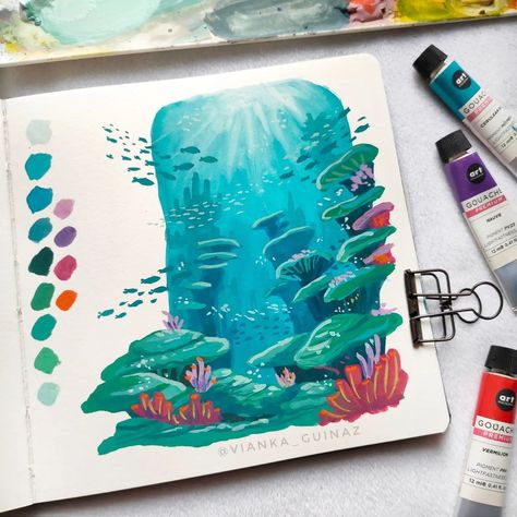 Vianka Guinaz, Underwater Paintings, Underwater Scenes, Art Philosophy, Underwater Painting, Posca Marker, Posca Art, Gouache Art, Seni Cat Air