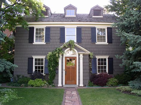 A 1920 ish colonial style home | Flickr - Photo Sharing! Colonial Curb Appeal, House With White Trim, Colonial House Exteriors, Houses Exterior, Grey Siding, Gray House Exterior, Best Exterior Paint, Exterior Houses, Black Shutters