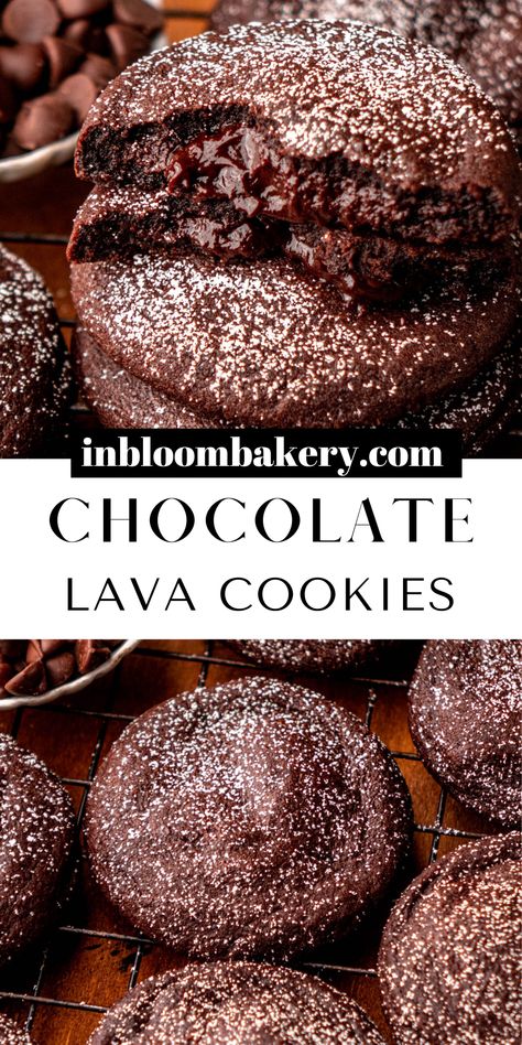 These delicious chocolate lava cookies are chewy chocolate cookies, stuffed with molten chocolate ganache filling and sprinkled with powdered sugar. They're the perfect treat to make for the chocolate lover in your life! Gooey Chocolate Lava Cookies, Lava Cookies Recipe, Decadent Desserts Chocolate, Molten Lava Cake Cookies, Molten Lava Cupcakes, Desserts For Chocolate Lovers, Chocolate Lava Cookies Recipes, Fudge Chocolate Cookies, Chocolate Lava Brownie Cookies