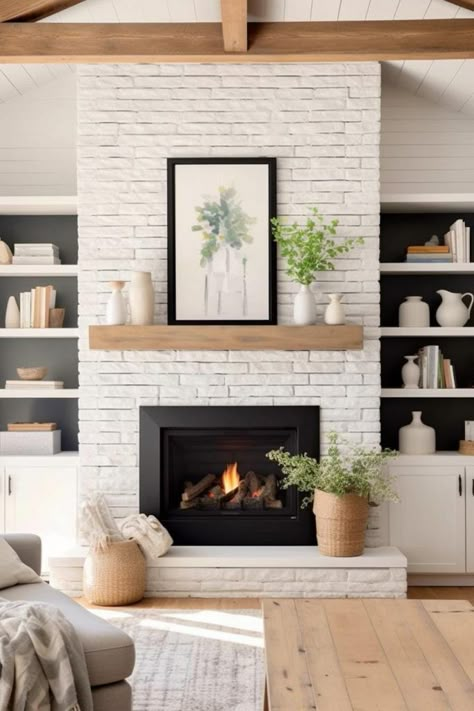 White Cobblestone Fireplace, Fireplace Ideas Red Brick, Living Room Chimney Decor, Fireplace Ledge Ideas, New Construction Home Ideas Fireplaces, Angled Wall Fireplace, Fireplace Area Living Room, Modern White Brick Fireplace, Wood Burning Fireplace With Built Ins