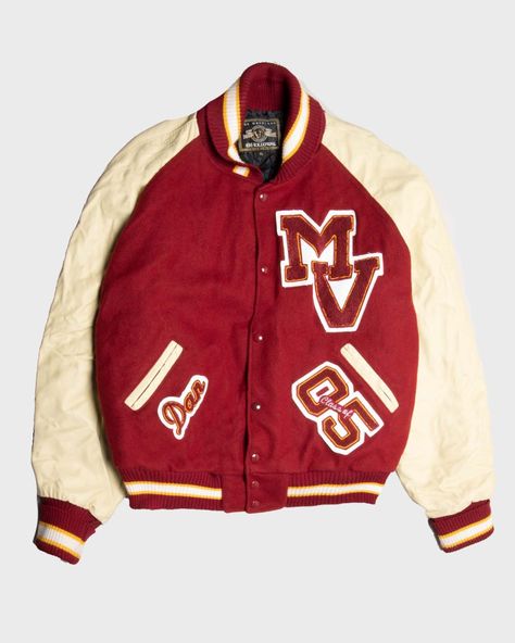 Feel like the BMOC in this iconic '00s varsity jacket! Comes in red with cream colour leather sleeves and knitted red collar . Has matching stripe detail across collar, hem and cuffs. Features warm quilted inner lining- letting you warm up in style! Has "MV" embroidered onto the  front left chest. Comes with two front pockets on which "Dan" and "Class of 05" is embroidered in matching colours. Varsity jacket comes in classic oversized fit with sleeves that can be rolled up or down. Mint vintage Purple Leather Jacket, College Wardrobe, Leather Sleeves, Cream Colour, Letterman Jacket, Grey Nikes, Purple Leather, Brown Leather Jacket, Leather Sleeve