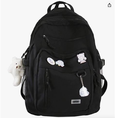 GOESG Aesthetic Kawaii Backpack, Cute Preppy Backpack Canvas Korean Women Backpack Backpack With Pins, Black School Bags, Cute School Bags, Backpack For School, Aesthetic Backpack, Student Travel, Book Bags, Backpack For Teens, Medium Backpack