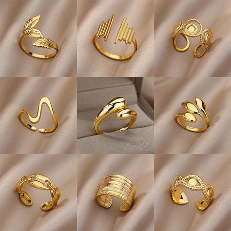 Unique Minimalist Gold Stainless Steel Rings Luxury Gold Rings Suitable As Gifts, Luxury Gold Rings As Gift, Gold Ring Unique Fancy Ban, Luxury Gold Rings In Fine Jewelry Style, Luxury Gold Plated Traditional Rings, Yellow Gold Stackable Rings For Casual Luxury, Cheap Gold Midi Rings For Women, Cheap Yellow Gold Rings For Gifts, Luxury Modern Engraved Ring For Everyday