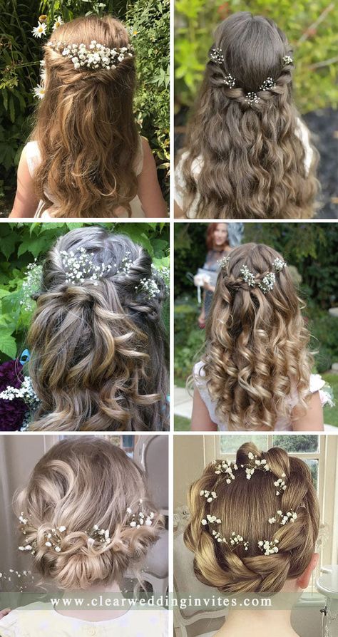 Hair Style For Girls In Weddings, Toddler Flower Girl Hair With Headband, Flowers For Hairstyles, Flowergirl Wedding Hairstyles, Easy Communion Hairstyles, Jr Bridesmaids Hairstyles, Wedding Hair For Junior Bridesmaids, Flowergirl Hairstyle Up, Flower Girl Hairstyles Long Hair