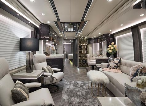 Liberty Coach is the premier manufacturer of Prevost motorcoach conversions, the finest luxury RVs in the world Luxury Tour Bus Interior, Luxury Motorhomes Interiors, Luxury Bus Interior, Tour Bus Interior, Rvs Interior, Luxury Rv Living, Luxury Campers, Bus Interior, Luxury Motorhomes