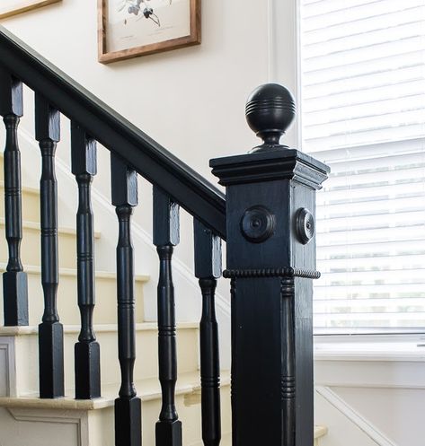 Black Stair Skirt, Dark Spindles Staircase, Black Painted Stair Railing, Black Staircases, Colonial Staircase, Black Banister, Black Painted Stairs, Painted Banister, Painted Stair Railings