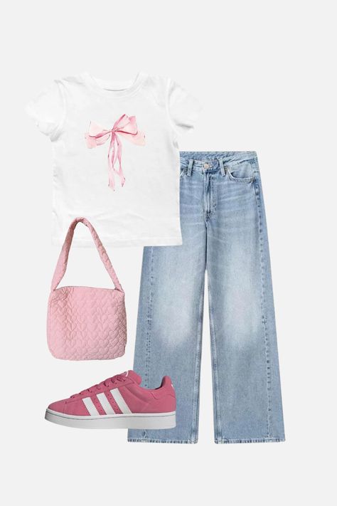 If you love the bow aesthetic / coquette aesthetic then check out this cute bow graphic tee outfit idea. Click to shop and view more cute pink outfits like this. Grafic Tee Outfit, Cute Pink Outfits, Bow Outfit, Graphic Tee Outfit, Bow Graphic, Bow Aesthetic, Grafic Tees, Graphic Tee Outfits, Bow Sweater