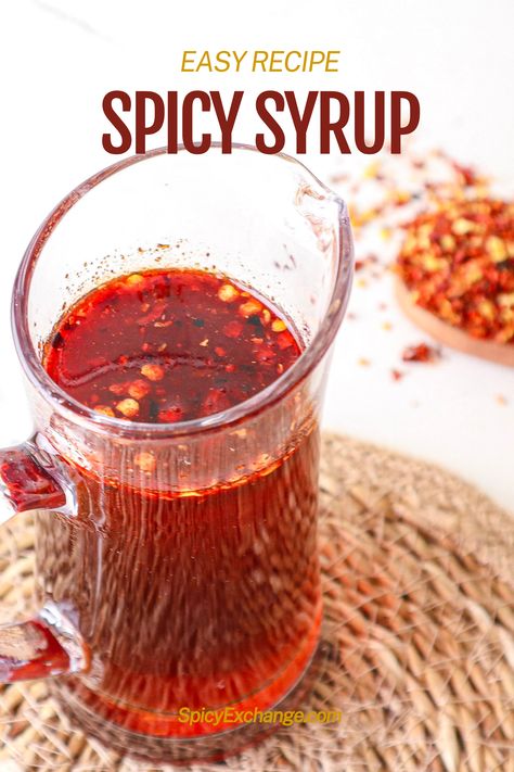 a pitcher of spicy maple syrup in front of a spoon of chili flakes with text "easy recipe spicy syrup" Spicy Syrup Recipe, Hot Maple Syrup Recipe, Hot Maple Syrup, Spicy Syrup For Chicken And Waffles, Spicy Chicken And Waffles, Spicy Maple Chicken, Datil Peppers, Spicy Maple Syrup, Spicy Syrup