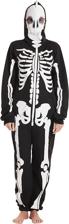 COMFORTABLY WARM AND SNUG: These adult onesie pajamas are made using ultra-soft synthetic material that feels incredibly cozy and keeps you warm during those cold nights. TRICK OR TREAT: The black microfleece onesie with white skeleton print is sure to be the hit of your Halloween party. They are also great for cosplay or kigurumi. FITS TRUE TO SIZE Skeleton Costume Women, Adult Onesie Costume, Halloween Costume Onesie, Adult Onesie Pajamas, Skeleton Halloween Costume, Pumpkin Halloween Costume, Onesie Costumes, Skeleton Costume, Halloween Pajamas