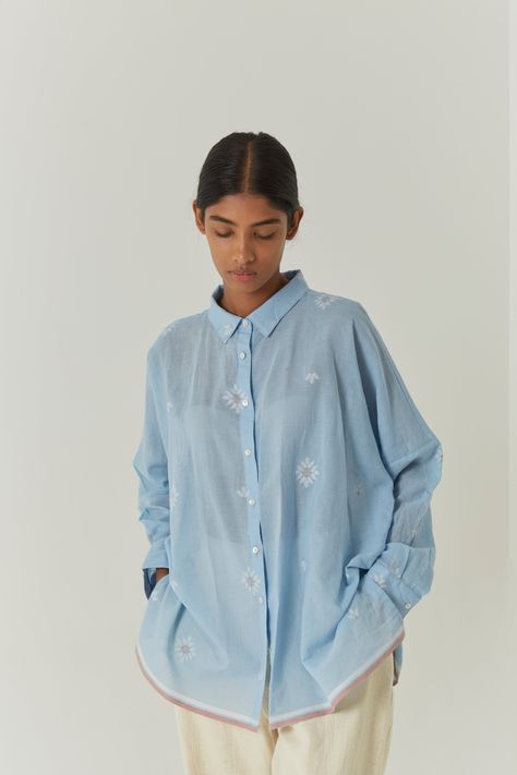 Our Skye shirt features a relaxed sillhouette with buttons, contrast selvedge detail at hem and yoke. Fabric has been handwoven in Kandara, a small village in West Bengal. The yarns used to make the fabric have been dyed using Azo-free dyes.The unique motif of your garment has been crafted by third generation of master Jamdani weavers.This fabric has taken over 14 hours to weave per meter. The garment is manufactured in our workshop at Bangalore, India. Kemeja Oversize, Drop Shoulder Shirt, Bangalore India, Small Village, Handmade Textiles, Shirt Embroidery, West Bengal, Outerwear Jackets, Summer Collection