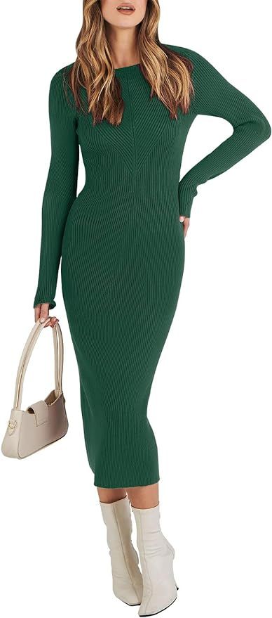 Features -Long Sleeve, Classic Crewneck, Trendy Bodycon Dresses, Ribbed Knit Sweater Dress, Dressy Casual, Solid Comfy Maxi Long Dresses Style: Stretchy elegant maxi dress, detailed with a front and back v-design, hugs all of your body perfectly, flattering with a coat and boot, earrings, necklace, chic bag for fashionable vibe Mockneck Dress, Fall Sweater Dress, Slim Fit Sweater, Elegant Maxi Dress, Bodycon Midi Dress, Long Sleeve Sweater Dress, Sweater Dress Midi, Ribbed Knit Sweater, Bodycon Midi