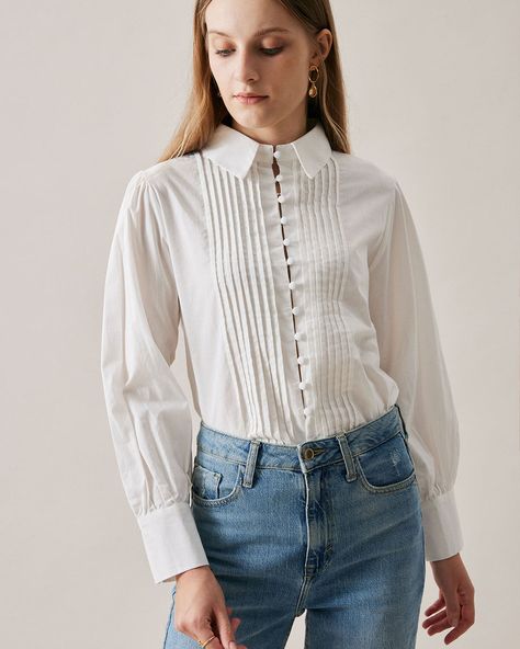 The Classic Pintuck Shirt – rihoas Classic White Blouse With Pintucks, Casual Button-up Blouse With Pintucks, Button-up Daywear Blouse With Pintucks, Elegant Button-up Blouse With Smocked Cuffs, Cotton Button-up Blouse With Smocked Cuffs, Pin Tucks, Women Shirts Blouse, Floral Blouse, Short Shirts